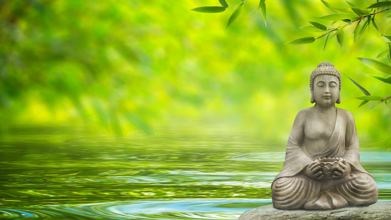 buddha statue on a rock in a soft water wave meditating in an idyllic green bamboo garden, spa background with asian spirit and copy space