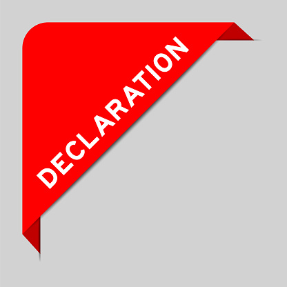 Red color of corner label banner with word declaration on gray background