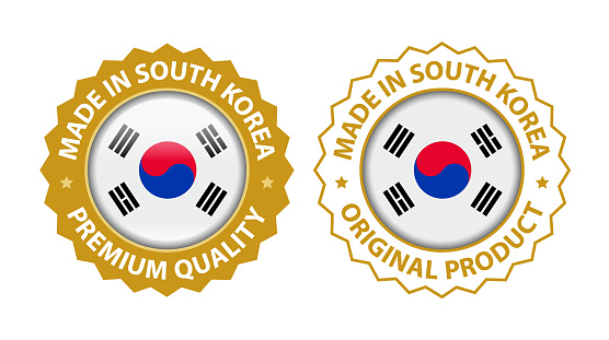 Made in South Korea. Premium Quality and Original Product Stamp. Vector Glossy Icon with National Flag. Seal Template