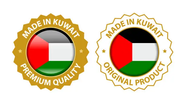 Vector illustration of Made in Kuwait. Vector Premium Quality and Original Product Stamp. Glossy Icon with National Flag. Seal Template