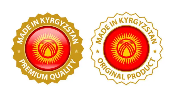 Vector illustration of Made in Kyrgyzstan. Premium Quality and Original Product Stamp. Vector Glossy Icon with National Flag. Seal Template