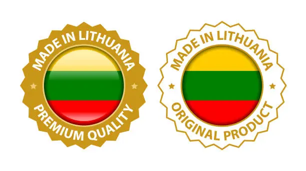 Vector illustration of Made in Lithuania. Premium Quality and Original Product Stamp. Vector Glossy Icon with National Flag. Seal Template