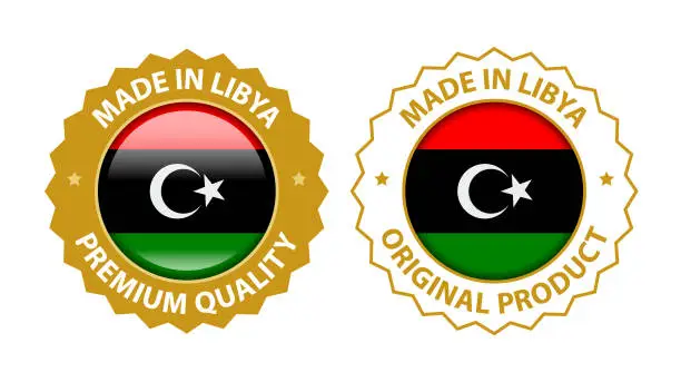Vector illustration of Made in Libya. Premium Quality and Original Product Stamp. Vector Glossy Icon with National Flag. Seal Template