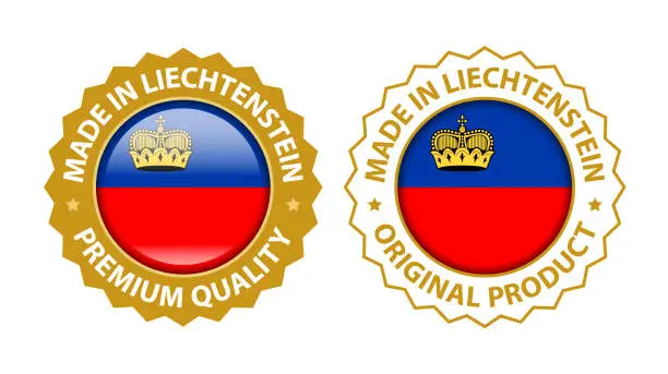 Vector illustration of Made in Liechtenstein. Vector Premium Quality and Original Product Stamp. Glossy Icon with National Flag. Seal Template