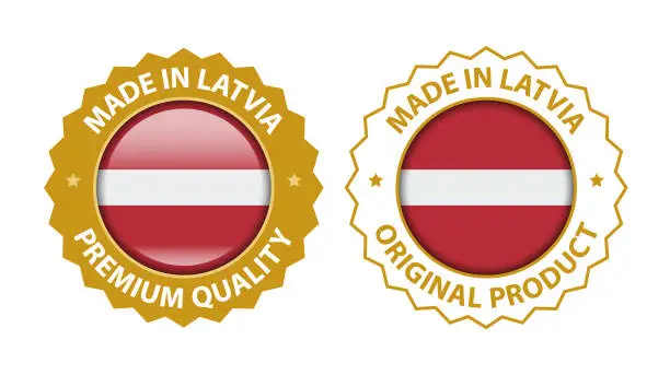 Vector illustration of Made in Latvia. Premium Quality and Original Product Stamp. Vector Glossy Icon with National Flag. Seal Template