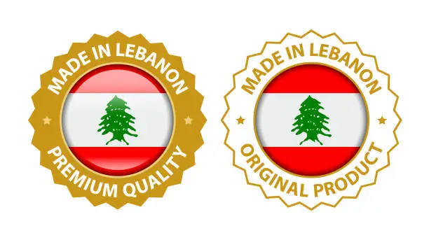 Vector illustration of Made in Lebanon. Vector Premium Quality and Original Product Stamp. Glossy Icon with National Flag. Seal Template