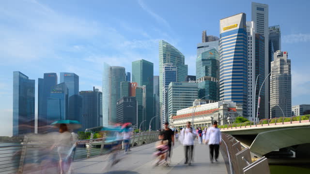 Time Lapse of Tourist Walking on Footbridge in Marina Bay, Singapore