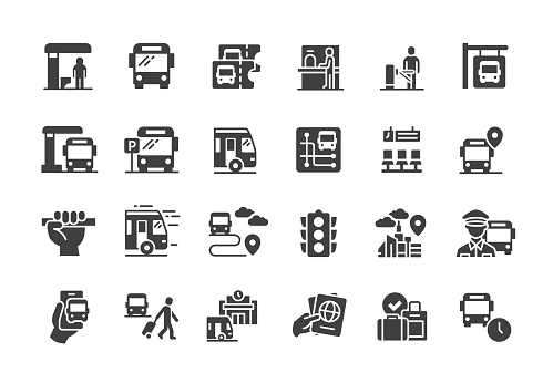Bus Station icons. Filled style. Vector illustration.