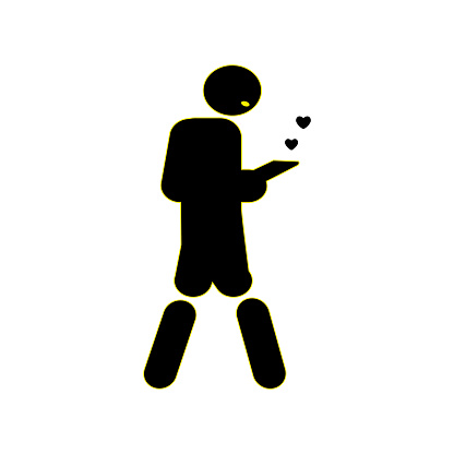 Young guy going forward and holding a cell phone and writing sms,  silhouette icon.