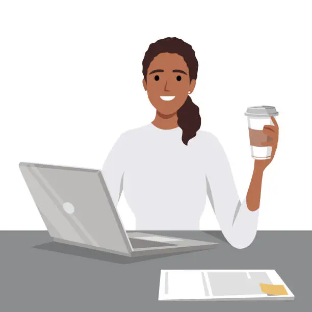 Vector illustration of A woman is sitting on the desk and working on a laptop with coffee in one hand