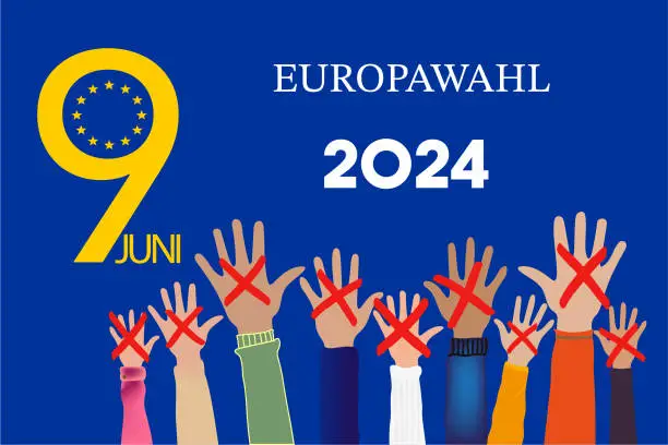 Vector illustration of Germany EUROPAWAHL. European elections 2024 in language German. People raising hands. Cross check marks and European Flag Background with Stars. flat vector illustration.