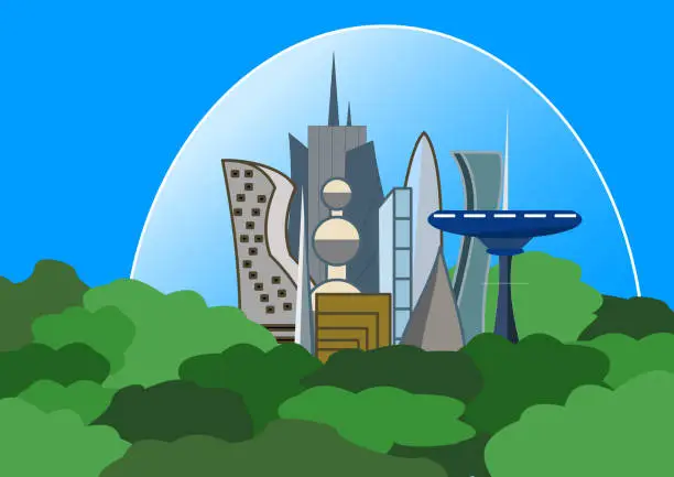 Vector illustration of Futuristic city under dome shield