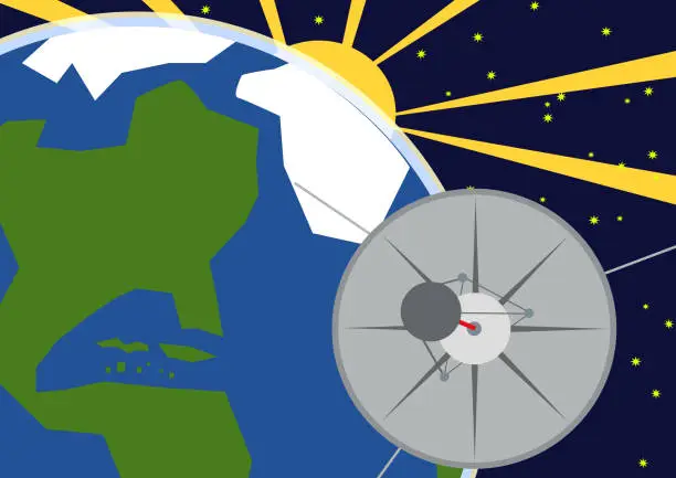 Vector illustration of Earth with sun beams and orbiting satellite