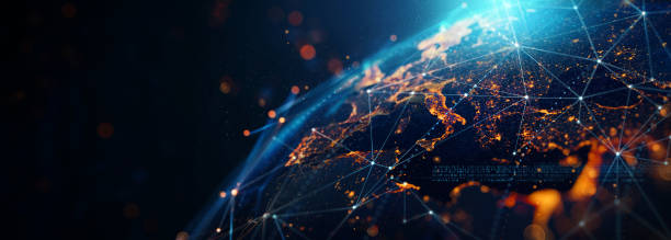 dynamic digital world map emphasize Western Europe continental for AI powered global network and connectivity big data transfer and cyber technology network information exchange and telecommunication concept. dynamic digital world map emphasize Western Europe continental for AI powered global network and connectivity big data transfer and cyber technology network information exchange and telecommunication concept with 3D software and Based on imagery from NASA. https://www.nasa.gov/specials/blackmarble/2016/globalmaps/BlackMarb globe stock pictures, royalty-free photos & images