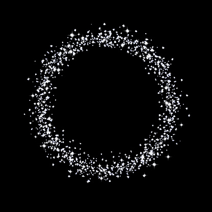 Silver round frame, sparkles. Shiny circle sprinkled with crumbs silverish texture. Glitter ring dust isolated on black. Jewelry confetti, carefully placed by hand. Sand jewel particles.