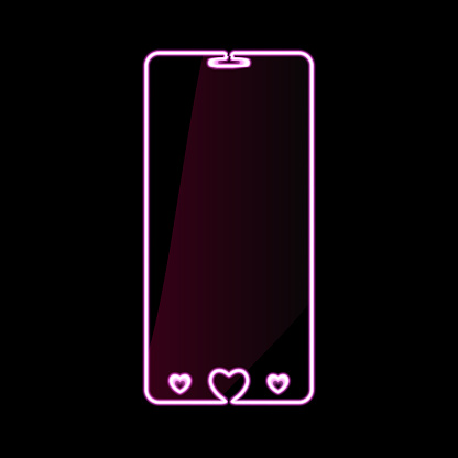 Happy Valentines Day mobile phone pink neon gadget icon, smartphone sign with hearts. Bright glowing symbol over black. Lights tablet pc, cell phone touch screen. Mobile design  illustration.