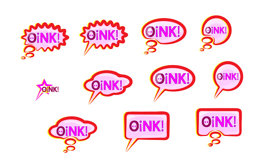 Pink speech bubble Icons set wish inscription oink. Lettering  design elements. Cute text the voice of the pig. Funny pig  grunting and squeal, chomp  illustration.