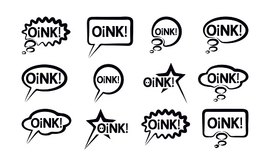 Black speech bubble Icons set wish inscription oink. Lettering  design elements. Cute text the voice of the pig. Funny pig  grunting and squeal, chomp  illustration.