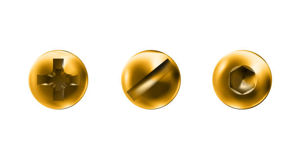 istock Set golden self-tapping screws, heads, gold caps. Twisted in surface imbus, slotted screw isolated on white background. Macro polished objects top view, hats metalwares.  illustration. 2035602168