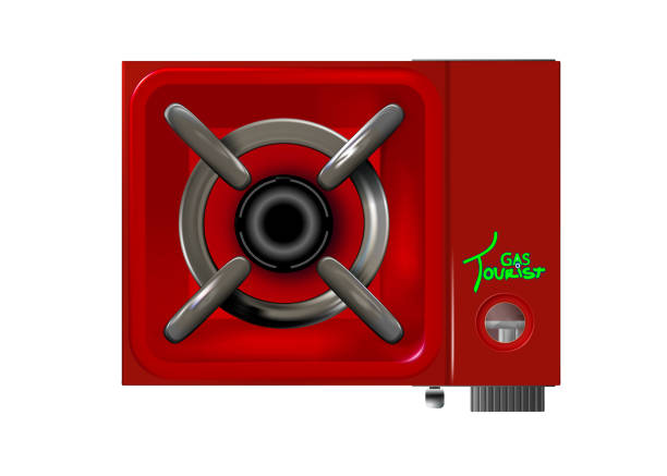 istock Portable red camping gas stove. Tourist table-top burner isolated on white background. Realistic mockup design for mobile kitchen and picnic, fishing, hunting.  illustration. 2035604758