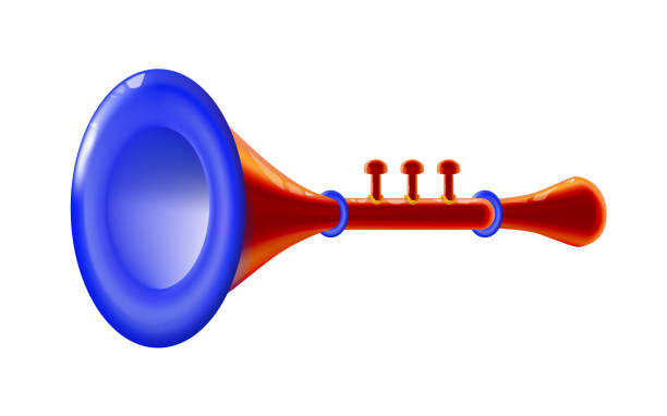 istock Realistic 3d red isolated glossy wind musical instrument - trumpet sign, icon for decoration or holiday, presentation on light background. Bright toy plastic. Childish design. 2035605838