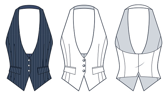 Plunging Vest Jacket technical fashion illustration, striped design. Classic Vest Jacket fashion flat technical drawing template, halter neck, front and back view, white, dark blue, women, men, unisex CAD mockup set.