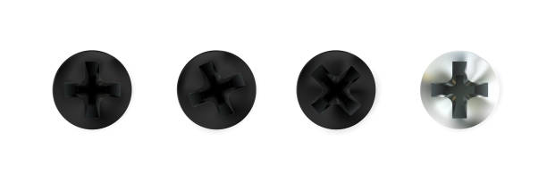 istock Set realistic metal self-tapping screws, heads, black bolt caps. Twisted in surface screw isolated on white background. Macro chrome and matte objects top view, hats metalwares. 2035608434