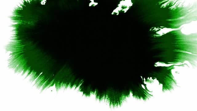 Green splashes and spots of ink spreading on white background. Motion graphic