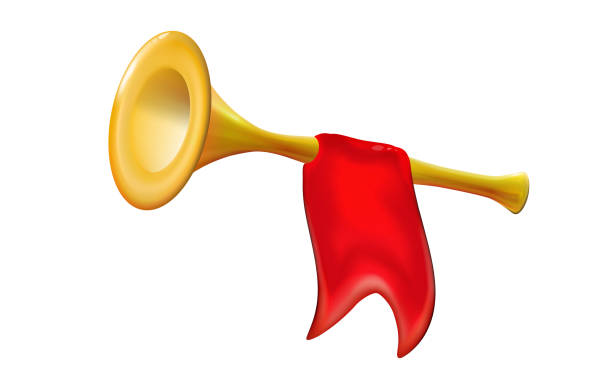 3d fanfare goldene trompete. realistische ikone mit roter flagge isoliertes glänzendes blasmusikinstrumentenzeichen, dekoration für urlaub auf hellem hintergrund. heller spielzeugkunststoff. kindliche design-illustration - trumpet bugle cornet cartoon stock-grafiken, -clipart, -cartoons und -symbole