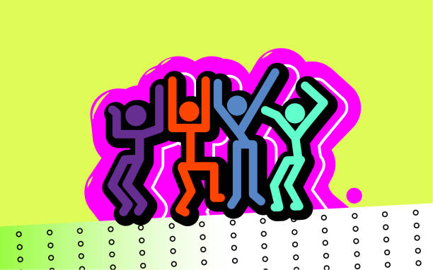 istock Party people, dynamic background. Large group of man flat, cartoon characters having fun. Crowd of young people dancing, club colorful  illustration. Stick men. Figures of a many persons. 2035614166