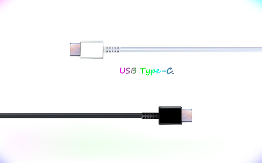 Set USB type-C realistic black and white cable Plug . Universal Headphone Usb Port fast Charger And Connection Phone With Laptop. Isolated on White Background. 3d Illustration cable connector.