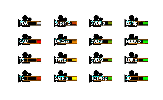 Pirated movie release types, Release formats icon set. Video piracy. .