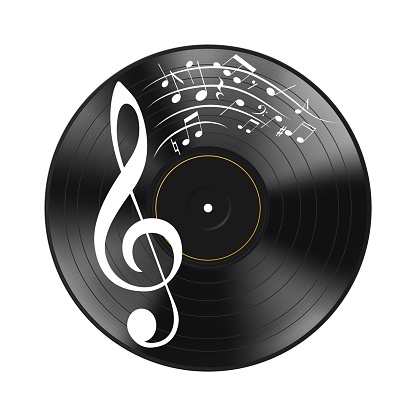 Realistic black vinyl record and notes, musical composition isolated on white background. Highly detailed. Design music decorative object. Sound  illustration Eps 10.