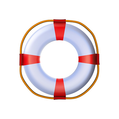 Nautical lifebuoy Striped red white glossy 3d, rounded plastic realistic toy. Modern icon ships equipment design. With rope for safety. Standard inflatable tool lifeguard isolated  illustration.