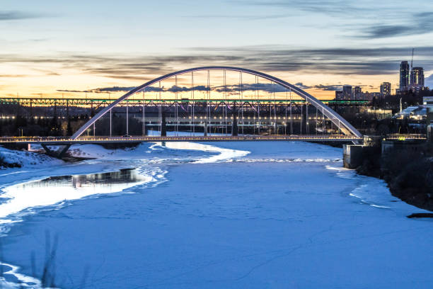 Edmonton, Canada – Cityview skyline at night with North Saskatchewan River and Walterdale Bridge