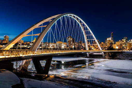 Edmonton, Canada – Cityview skyline at night with North Saskatchewan River and Walterdale Bridge