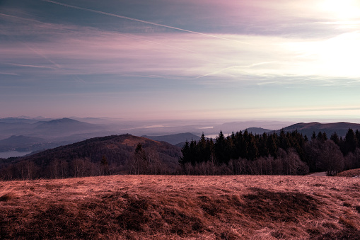 Suggestive view from Mottarone mountain (Stresa side) on a winter morning, with three of the seven lakes visible from the summit. Piedmont, Italy.