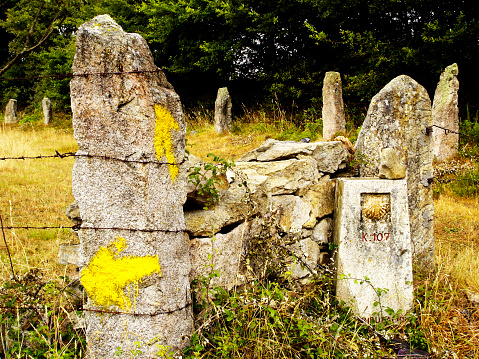 Yellow arrows  and scallop on milestone, symbols of the Camino de Santiago, directional signs, Lugo province, Galicia, Spain.