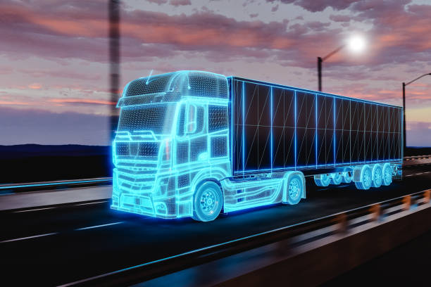 istock Futuristic truck riding on road with railings. 3d render 2035709123