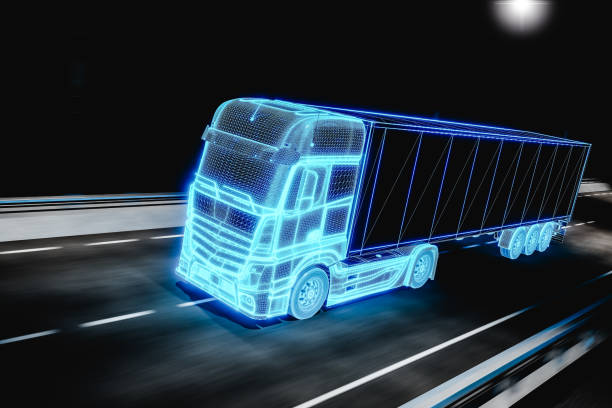 istock Futuristic truck riding on road with railings. 3d render 2035709124