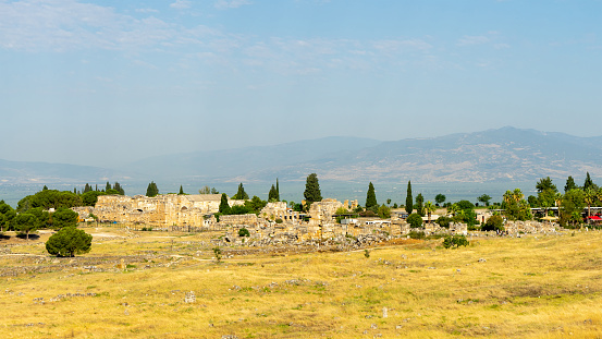 Ancient city Hierapolis or Holy City near of Pamukkale or Cotton Castle. Phrygian cult center of Anatolian mother goddess of Cybele.