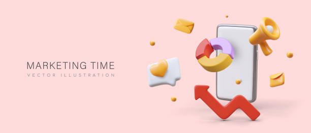 istock Marketing time. Color pie chart, megaphone, social network icons, smartphone, letters 2035734354