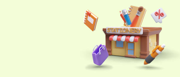 istock Color 3D stationery store building, bag, pen, notebook, discount. Online store advertising 2035740118