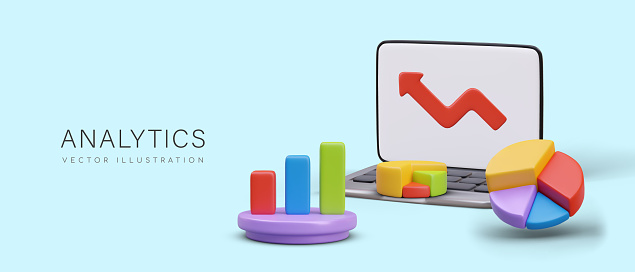 3d realistic laptop, histogram, pie chart and red arrow. Concept of business elements with shadow, business and analytics. Vector illustration in 3d style and place for text