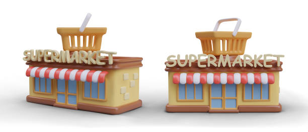 istock Collection with supermarket with basket for shopping on roof in different positions 2035744809