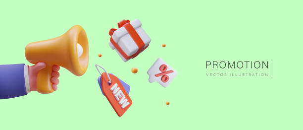 istock Promotional concept. Realistic hand holds megaphone, gift, discount sign, label are floating around 2035755911