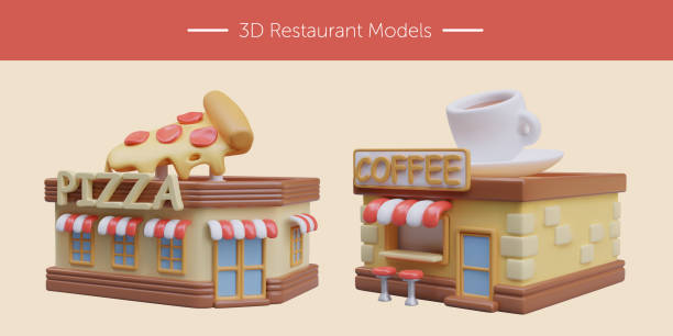 3D models of restaurants. Colorful building of pizzeria and coffee shop in cartoon style 3D models of restaurants. Colorful building of pizzeria and coffee shop in cartoon style. Advertising illustrations for local businesses. Vector images for site, application, game 3d city street stock illustrations