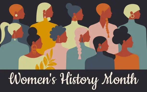 Vector illustration of Women's History Month. Women of different ages, nationalities and religions gather together against a black background. Vector.