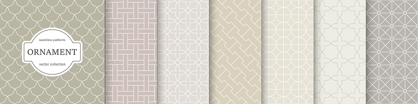 Collection of geometric ornament neutral color seamless patterns. Beige tile oriental decorative prints. Abstract elegant repeatable delicate backgrounds.