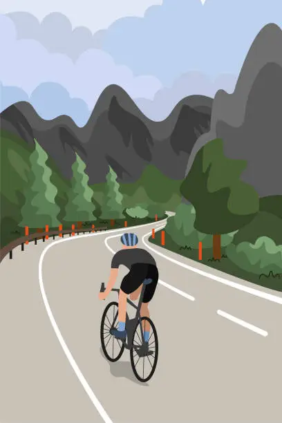 Vector illustration of Drawn cyclist rides into the mountains